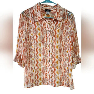 Lark & Lane Semi-Sheer Button-Front Blouse Size 12 | 3/4 Sleeve Tab Cuffs